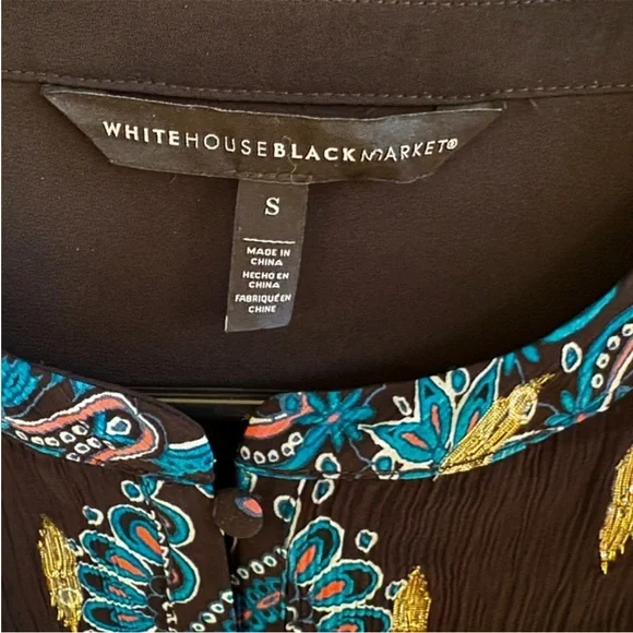 EUC White House Black Market Black
Floral Metallic Dot Smocked Waist Dress Small - Picture 3 of 11